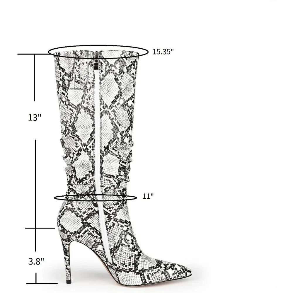 Women Snakeskin PU Knee High Exquisite Pointed Toe Fine High Heels Pleated Boots